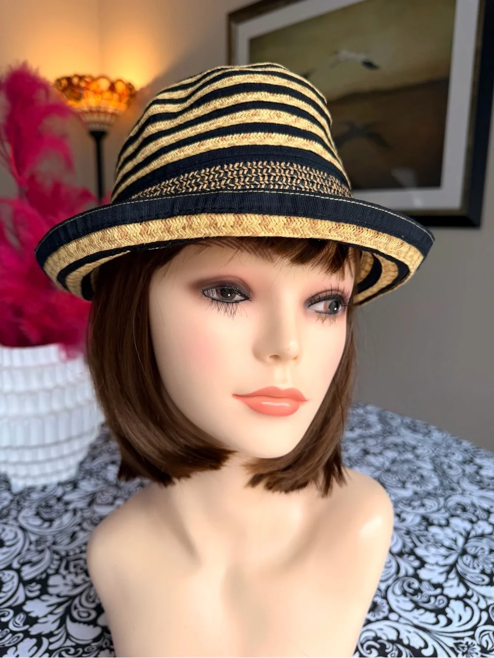 Calvin Klein Black Tan Striped Woven Fedora Hat